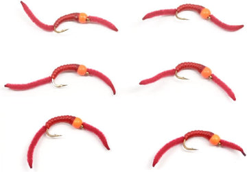 San Juan Worm Hot Orange Bead Power Worm Red V - Rib - Set of 6 Nymph Flies Hook Size 12 - Hazy Fly Fishing