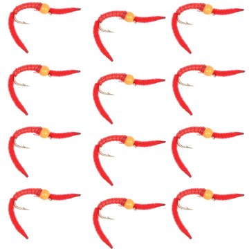 San Juan Worm Orange Bead Head Power Worm Red V - Rib - 1 Dozen Nymph Flies Hook Size 14 - Hazy Fly Fishing