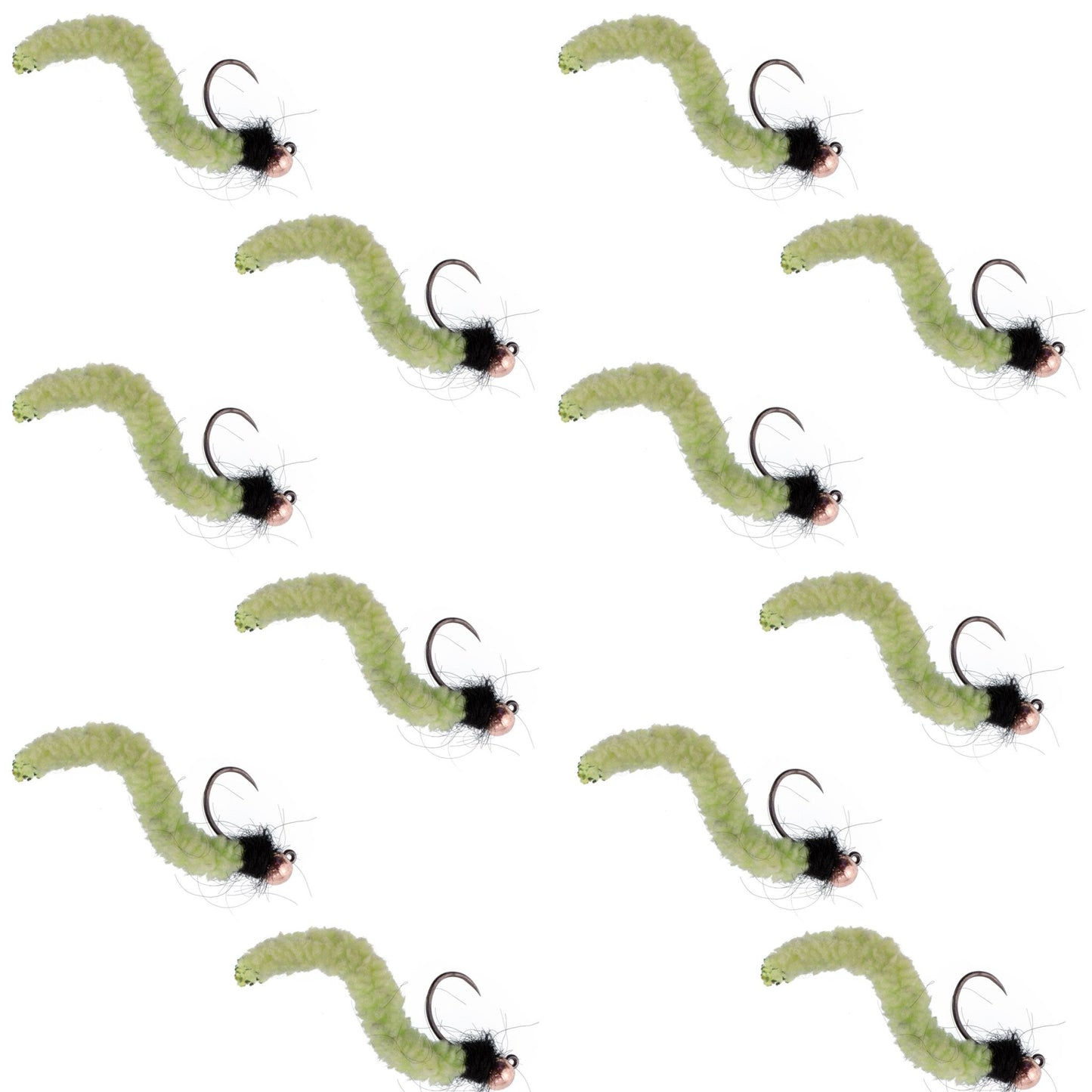 Tungsten Bead Chartreuse Wormy Mop Fly Tactical Jig Czech Euro Nymph Barbless Fly - 1 Dozen Flies Size 12 - Hazy Fly Fishing