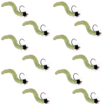 Tungsten Bead Chartreuse Wormy Mop Fly Tactical Jig Czech Euro Nymph Barbless Fly - 1 Dozen Flies Size 14 - Hazy Fly Fishing