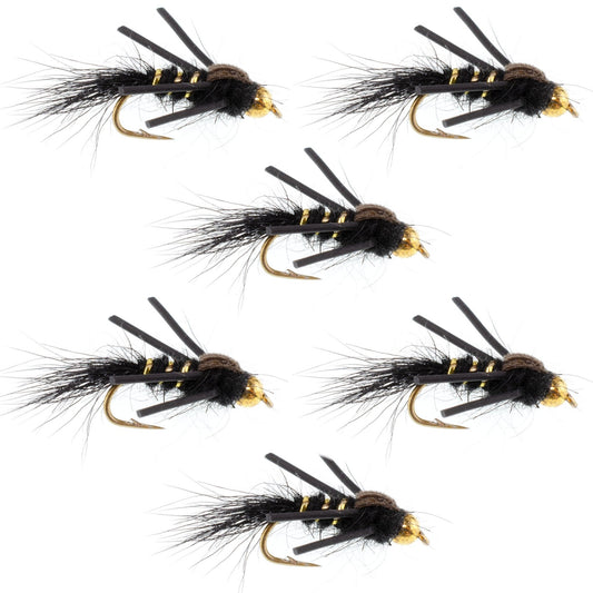 Tungsten Bead Head Rubber Legs Black Gold - Ribbed Hare's Ear Trout Fly Nymph - 6 Flies Hook Size 16 - Hazy Fly Fishing