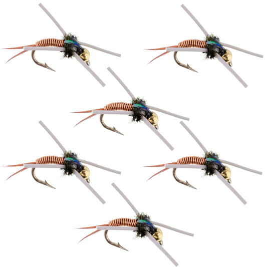 Tungsten Bead Head Rubber Legs Copper John Nymph Fly Fishing Flies - Set of 6 Flies Hook Size 14 - Hazy Fly Fishing