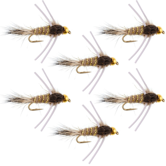 Tungsten Bead Head Rubber Legs Natural Gold - Ribbed Hare's Ear Trout Fly Nymph - 6 Flies Hook Size 14 - Hazy Fly Fishing