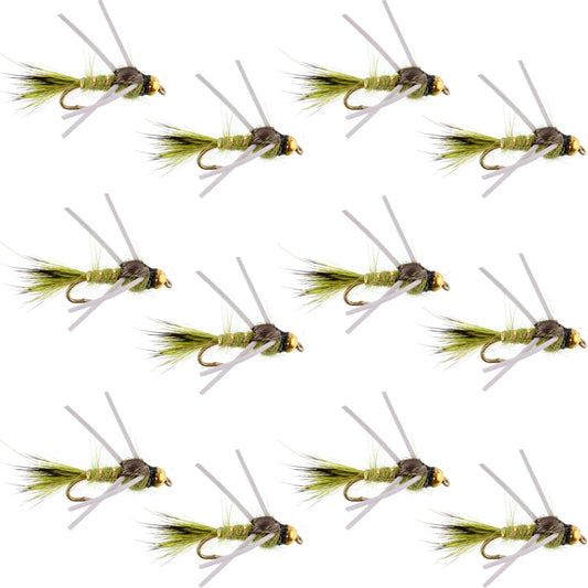 Tungsten Bead Head Rubber Legs Olive Gold - Ribbed Hare's Ear Trout Fly Nymph - 1 Dozen Flies Hook Size 12 - Hazy Fly Fishing