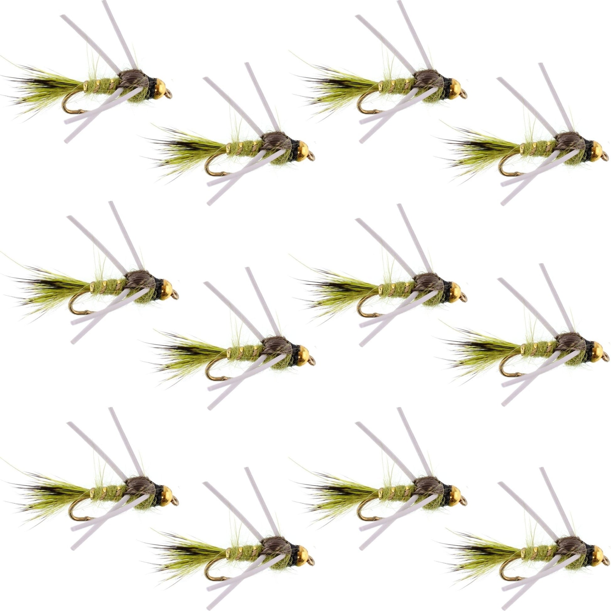 Tungsten Bead Head Rubber Legs Olive Gold - Ribbed Hare's Ear Trout Fly Nymph - 1 Dozen Flies Hook Size 14 - Hazy Fly Fishing