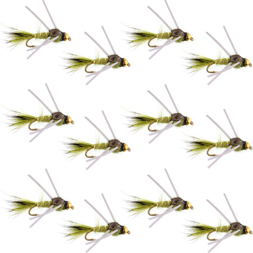 Tungsten Bead Head Rubber Legs Olive Gold - Ribbed Hare's Ear Trout Fly Nymph - 1 Dozen Flies Hook Size 14 - Hazy Fly Fishing