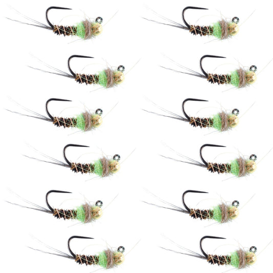 Tungsten Bead Hot Spot Pheasant Tail Tactical Jig Chartreuse Czech Nymph Euro Nymphing Fly - 1 Dozen Flies Size 14 - Hazy Fly Fishing