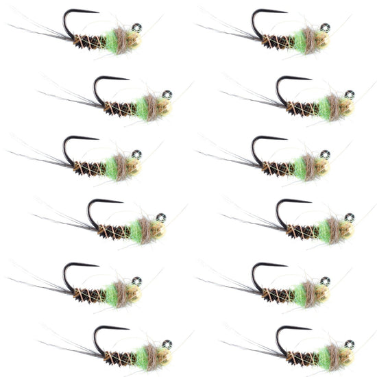 Tungsten Bead Hot Spot Pheasant Tail Tactical Jig Chartreuse Czech Nymph Euro Nymphing Fly - 1 Dozen Flies Size 16 - Hazy Fly Fishing