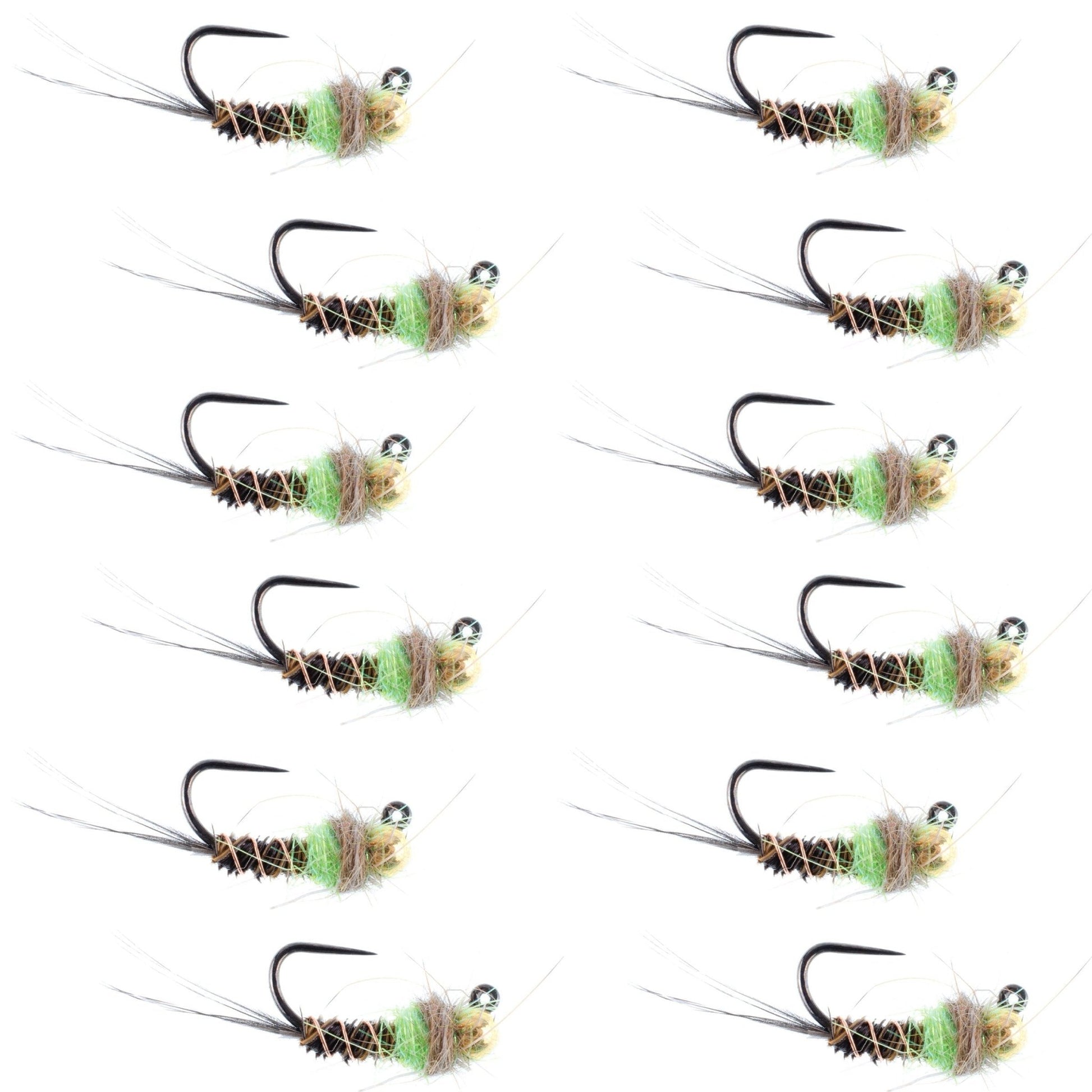 Tungsten Bead Hot Spot Pheasant Tail Tactical Jig Chartreuse Czech Nymph Euro Nymphing Fly - 1 Dozen Flies Size 16 - Hazy Fly Fishing