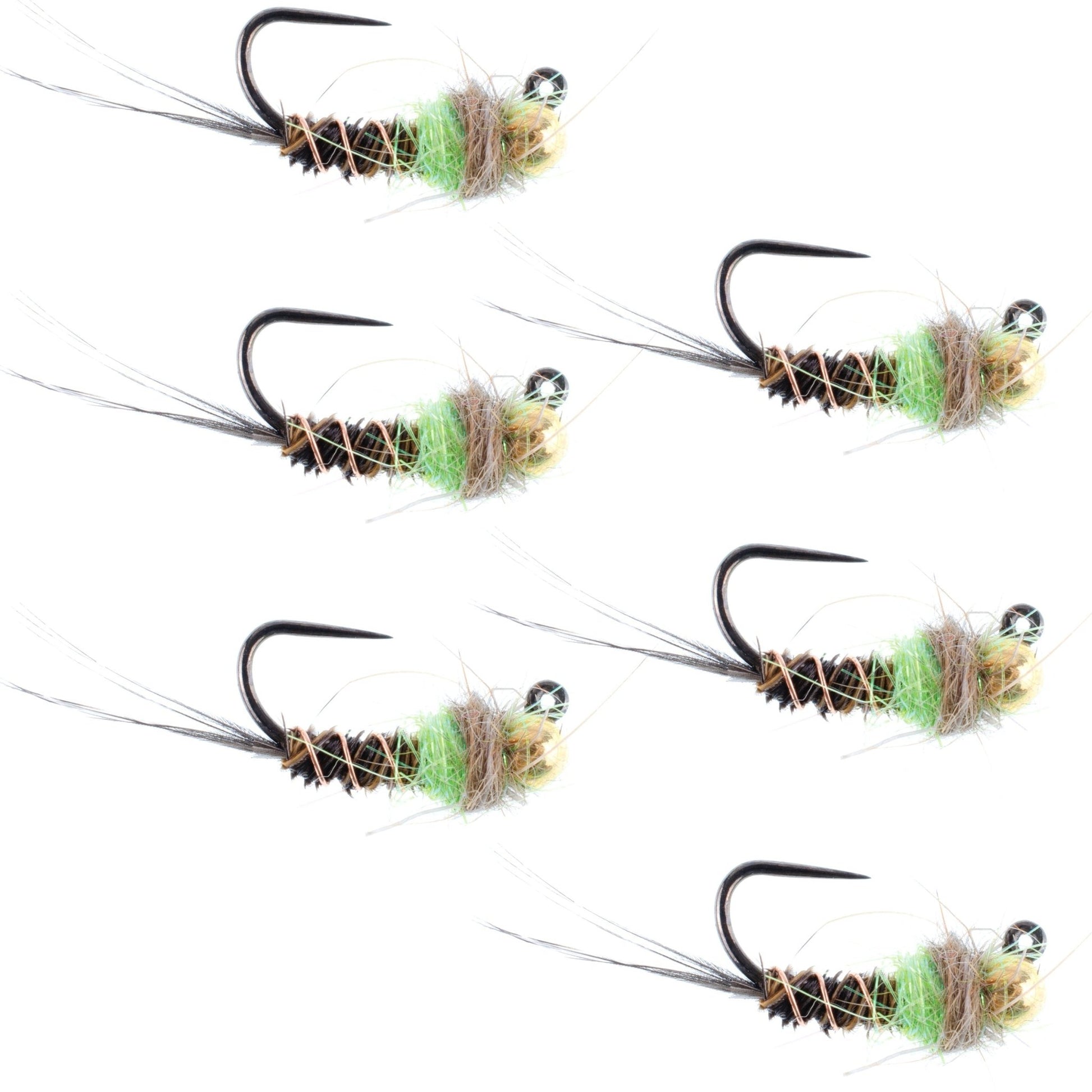 Tungsten Bead Hot Spot Pheasant Tail Tactical Jig Chartreuse Czech Nymph Euro Nymphing Fly - 6 Flies Size 16 - Hazy Fly Fishing
