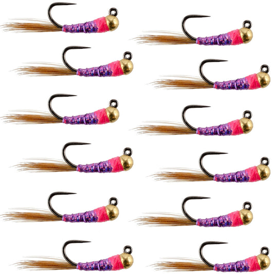 Tungsten Bead Hot Spot Purple Perdigon Tactical Jig Spanish Czech Euro Nymph Fly - 1 Dozen Flies Size 16 - Hazy Fly Fishing