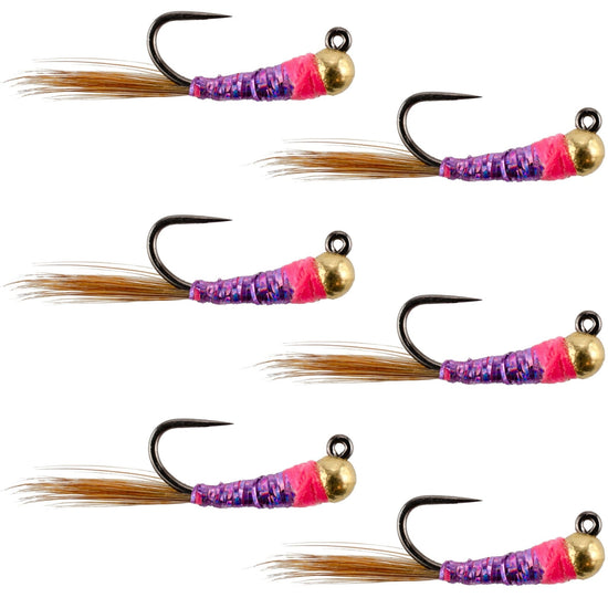 Tungsten Bead Hot Spot Purple Perdigon Tactical Jig Spanish Czech Euro Nymph Fly - 6 Flies Size 16 - Hazy Fly Fishing