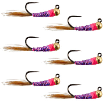 Tungsten Bead Hot Spot Purple Perdigon Tactical Jig Spanish Czech Euro Nymph Fly - 6 Flies Size 16 - Hazy Fly Fishing