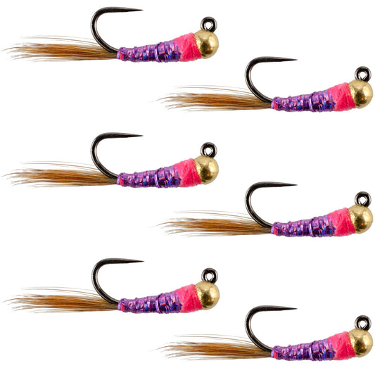 Tungsten Bead Hot Spot Purple Perdigon Tactical Jig Spanish Czech Euro Nymph Fly - 6 Flies Size 16 - Hazy Fly Fishing
