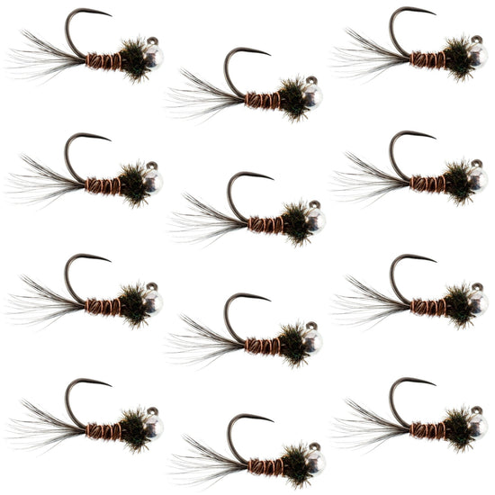 Tungsten Bead Pheasant Tail Tactical Jig Czech Nymph Euro Nymphing Fly - 1 Dozen Flies Size 14 - Hazy Fly Fishing