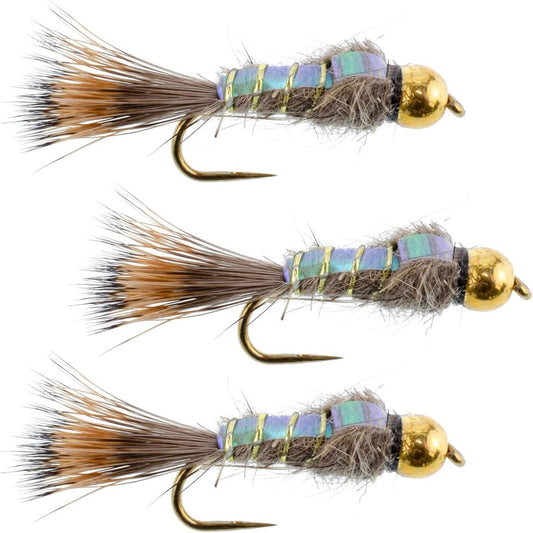3 Pack Barbless Bead Head Flash Back Gold Ribbed Hare's Ear Nymph Flies Hook Size 10 - Hazy Fly Fishing