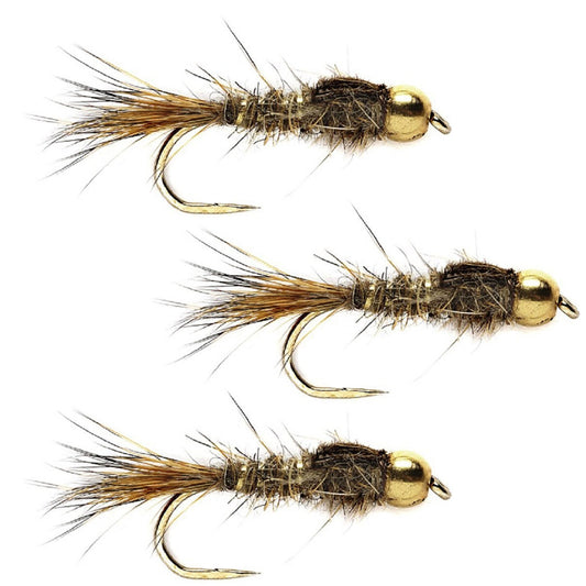 3 Pack Barbless Bead Head Gold Ribbed Hare's Ear Nymph Flies Hook Size 16 - Hazy Fly Fishing