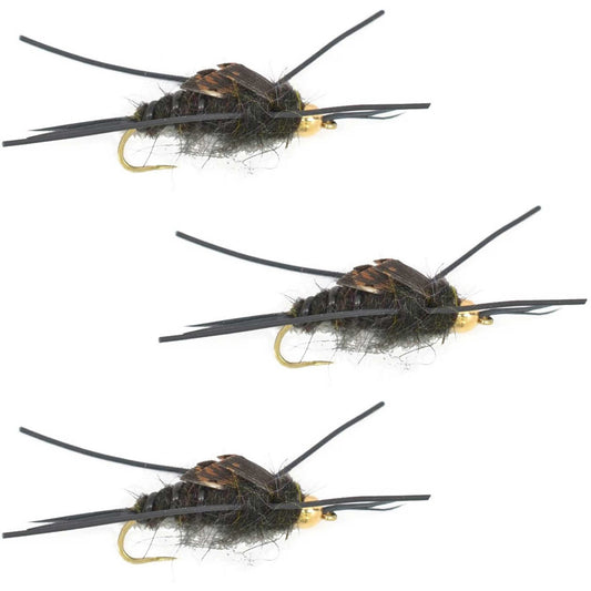 3 Pack Barbless Gold Bead Kaufmann's Black Stone Fly with Rubber Legs - Stonefly Wet Fly - Hook Size 10 - Hazy Fly Fishing