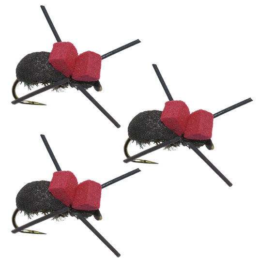 3 Pack Barbless Red Top Black Foam Beetle Terrestrial Trout Dry Fly Fishing Flies - Hook Size 14 - Hazy Fly Fishing