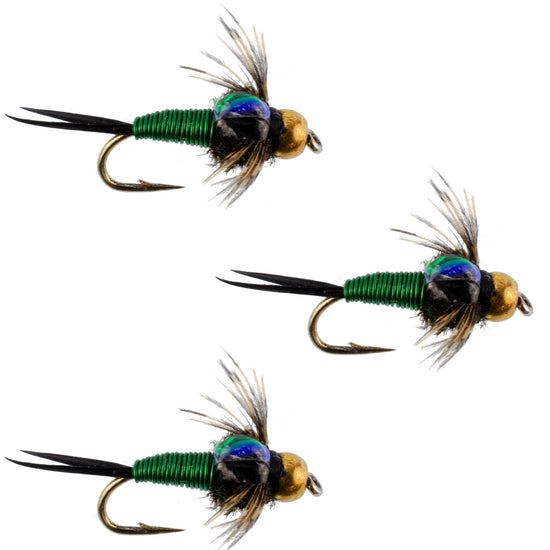 3 Pack Bead Head Green Copper John Nymph Fly Fishing Flies - Hook Size 18 - Hazy Fly Fishing
