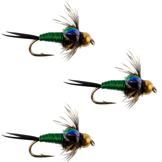 3 Pack Bead Head Green Copper John Nymph Fly Fishing Flies - Hook Size 18 - Hazy Fly Fishing