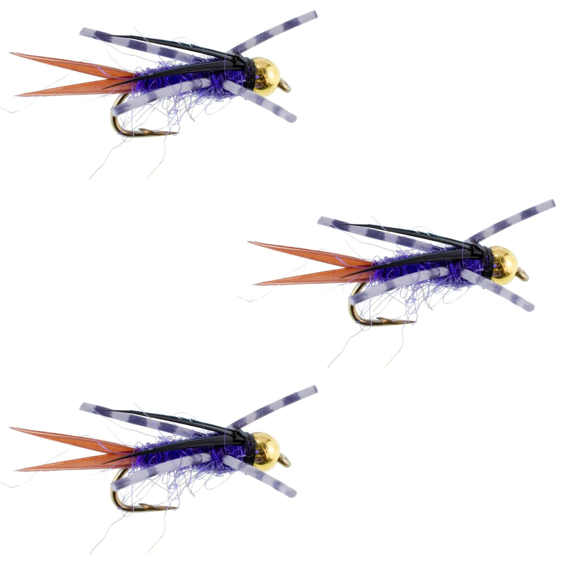 3 Pack Bead Head Purple Batman Rubber Legs Nymph Fly - Hook Size 14 - Hazy Fly Fishing