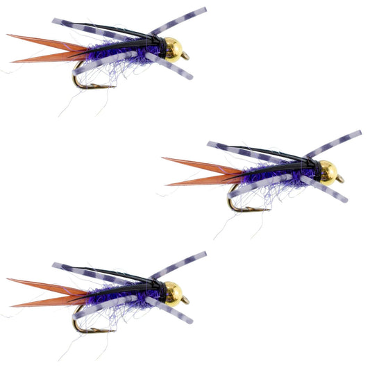3 Pack Bead Head Purple Batman Rubber Legs Nymph Fly - Hook Size 14 - Hazy Fly Fishing