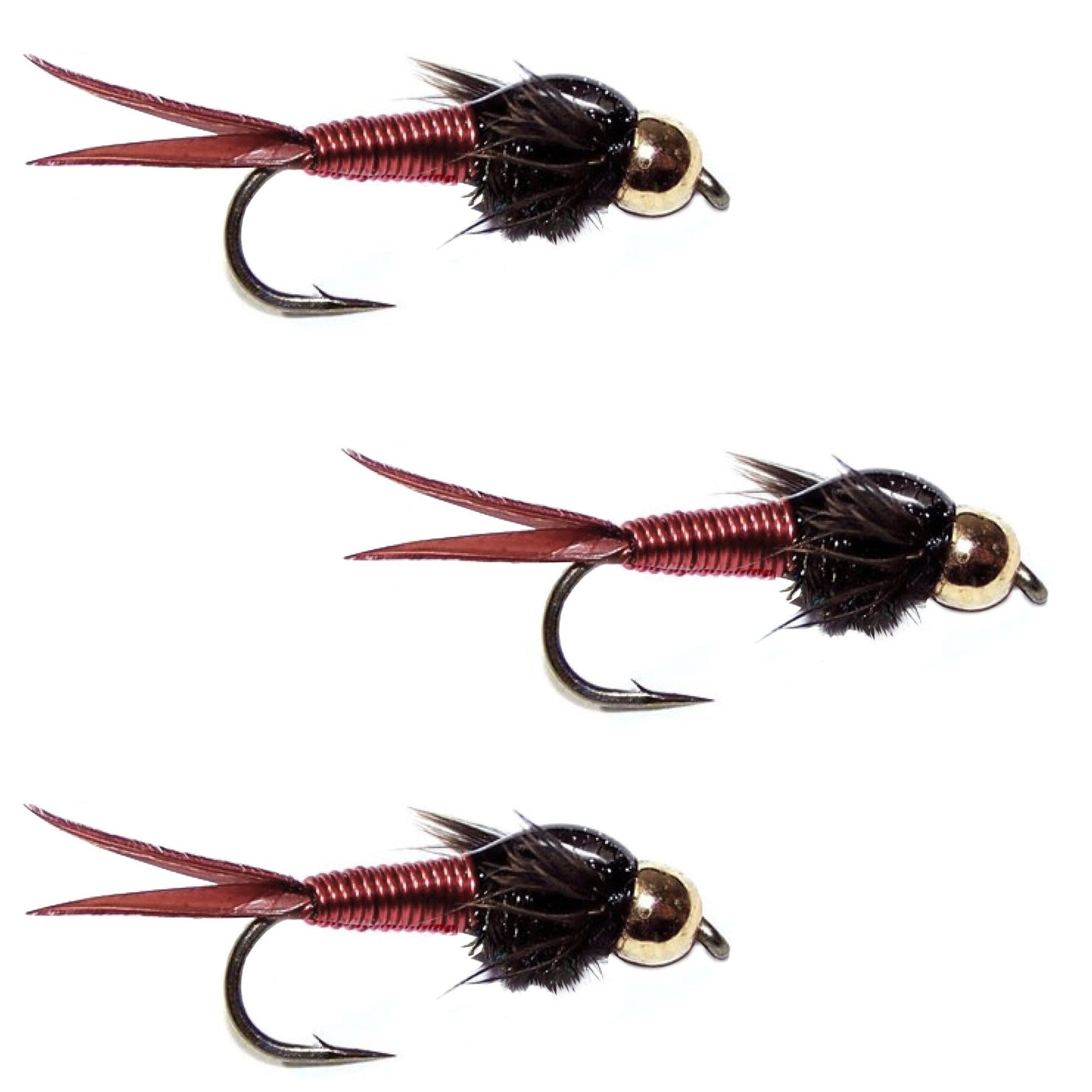 3 Pack Bead Head Red Copper John Nymph Fly Fishing Flies - Hook Size 12 - Hazy Fly Fishing