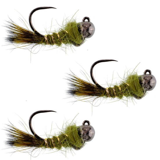 3 Pack Black Tungsten Bead Tactical Olive Hares Ear Czech Nymph Euro Nymphing Fly - Hook Size 14 - Hazy Fly Fishing