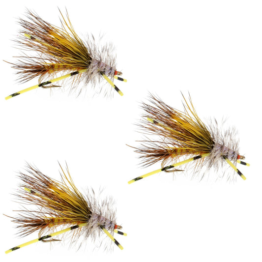 3 Pack Kaufmann's Yellow Crystal Stimulator Rubber Legs Dry Fly - Hook Size 12 - Hazy Fly Fishing