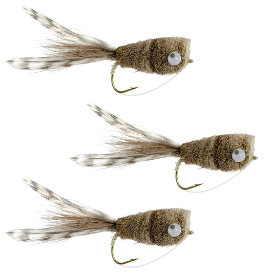 3 Pack Natural Deer Hair and Grizzly Bass Popper Size 8 Bass Fly Fishing Bug Wide Gape Bass Hooks With Weed Guard - Hazy Fly Fishing