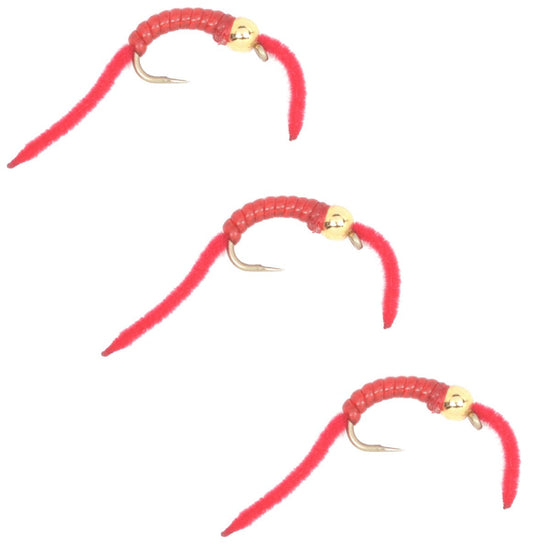 3 Pack San Juan Power Worm Gold Bead Head Red V - Rib - Hook Size 14 - Hazy Fly Fishing