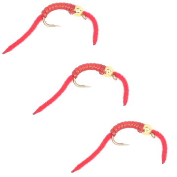3 Pack San Juan Power Worm Gold Bead Head Red V - Rib - Hook Size 14 - Hazy Fly Fishing