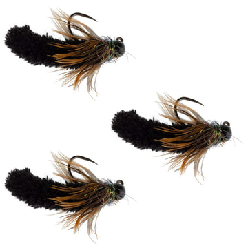 3 Pack Tungsten Bead Black Mop Fly Tactical Jig Czech Euro Nymph Barbless Fly - 3 Flies Size 14 - Hazy Fly Fishing