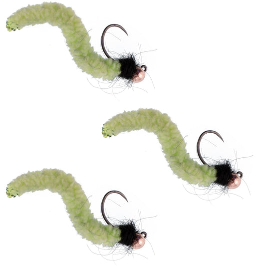 3 Pack Tungsten Bead Chartreuse Wormy Mop Fly Tactical Jig Czech Euro Nymph Barbless Fly - Size 12 - Hazy Fly Fishing