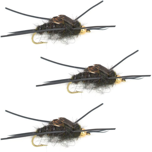 3 Pack Tungsten Bead Kaufmann's Black Stone Fly with Rubber Legs - Stonefly Wet Fly - Hook Size 4 - Hazy Fly Fishing