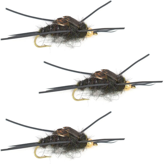 3 Pack Tungsten Bead Kaufmann's Black Stone Fly with Rubber Legs - Stonefly Wet Fly - Hook Size 8 - Hazy Fly Fishing