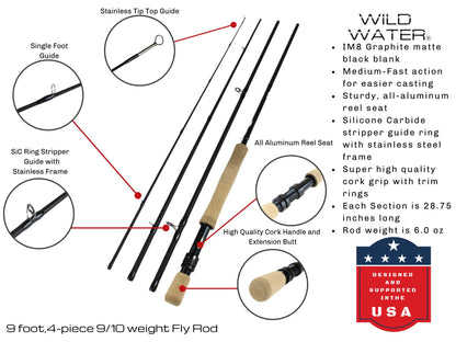 9 ft, 9/10 weight, 4 Piece Fly Rod | Wild Water Fly Fishing - Hazy Fly Fishing