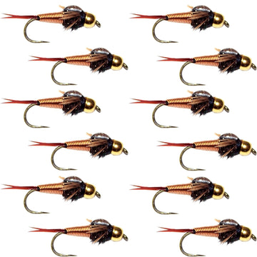 Barbless Bead Head Copper John Nymph Fly 1 Dozen Fishing Flies - Hook Size 14 - Hazy Fly Fishing