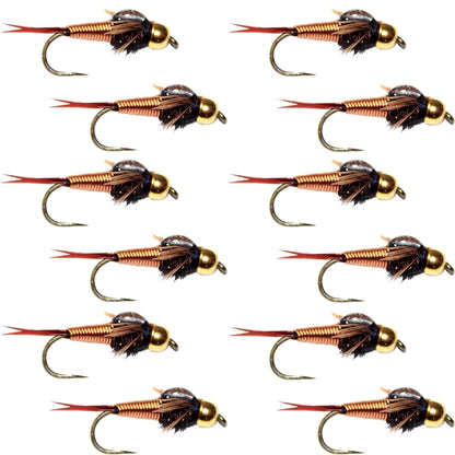 Barbless Bead Head Copper John Nymph Fly 1 Dozen Fishing Flies - Hook Size 14 - Hazy Fly Fishing
