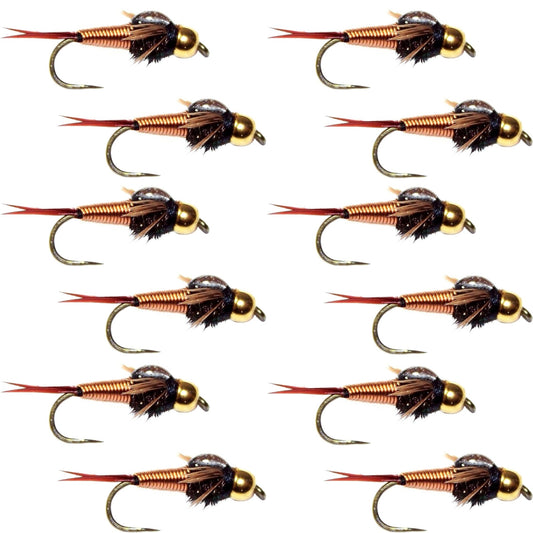 Barbless Bead Head Copper John Nymph Fly 1 Dozen Fishing Flies - Hook Size 14 - Hazy Fly Fishing