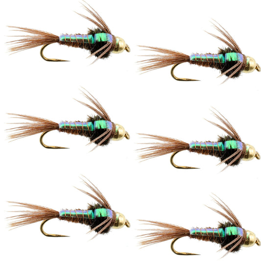 Barbless Bead Head Flashback Pheasant Tail Nymph Fly 6 Flies Hook Size 12 - Hazy Fly Fishing