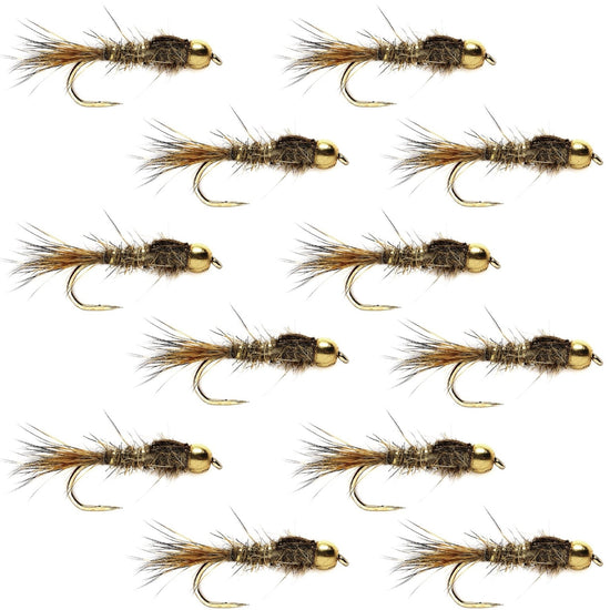 Barbless Bead Head Gold Ribbed Hare's Ear Nymph 1 Dozen Flies Hook Size 16 - Hazy Fly Fishing
