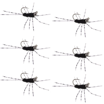Barbless Pat's Barred Rubber Legs Tungsten Bead Jigged Black Euro Nymph - Set of 6 Flies Hook Size 6 - Hazy Fly Fishing