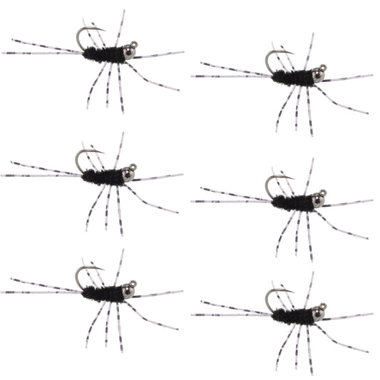 Barbless Pat's Barred Rubber Legs Tungsten Bead Jigged Black Euro Nymph - Set of 6 Flies Hook Size 6 - Hazy Fly Fishing