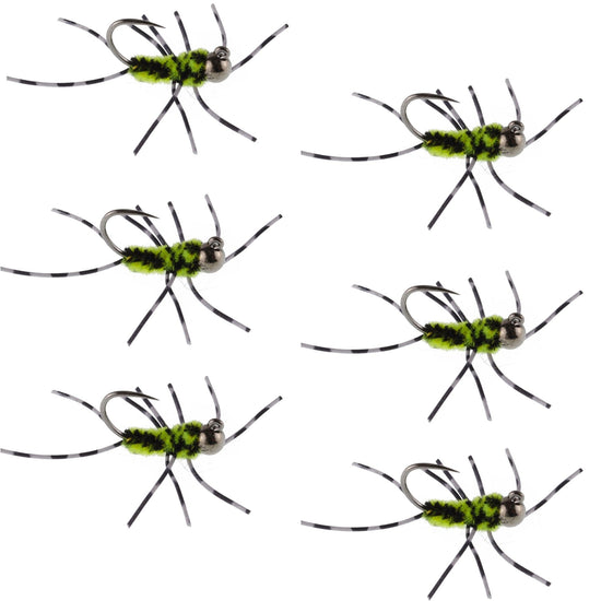 Barbless Pat's Barred Rubber Legs Tungsten Bead Jigged Black/Chartreuse Euro Nymph - Set of 6 Flies Hook Size 6 - Hazy Fly Fishing