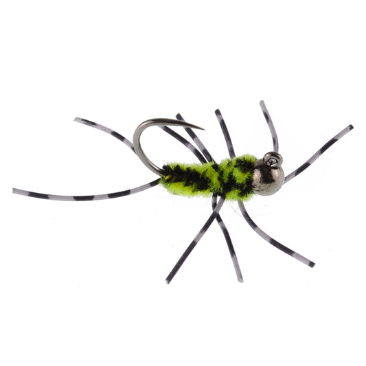 Barbless Pat's Barred Rubber Legs Tungsten Bead Jigged Black/Chartreuse Euro Nymph - Set of 6 Flies Hook Size 6 - Hazy Fly Fishing
