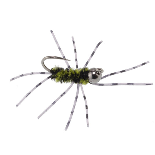 Barbless Pat's Barred Rubber Legs Tungsten Bead Jigged Black/Olive Euro Nymph - Set of 6 Flies Hook Size 6 - Hazy Fly Fishing