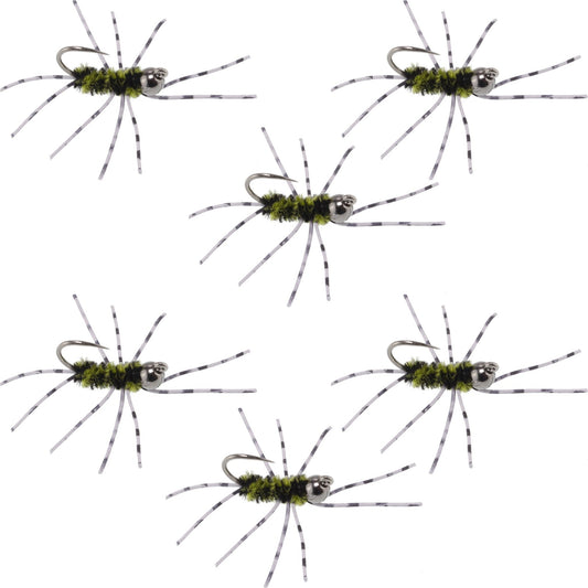 Barbless Pat's Barred Rubber Legs Tungsten Bead Jigged Black/Olive Euro Nymph - Set of 6 Flies Hook Size 6 - Hazy Fly Fishing