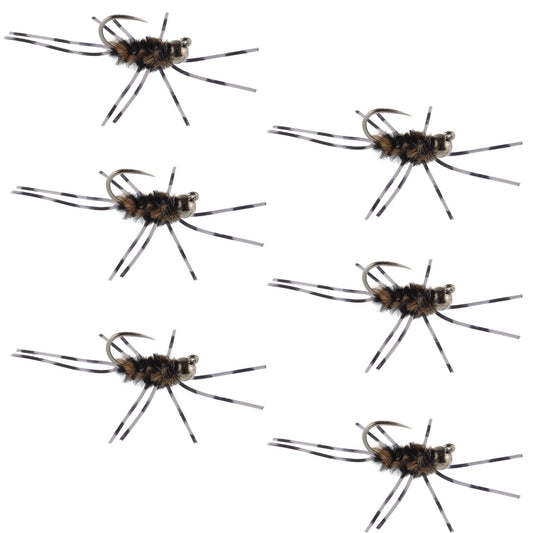 Barbless Pat's Barred Rubber Legs Tungsten Bead Jigged Coffee/Black Euro Nymph - Set of 6 Flies Hook Size 6 - Hazy Fly Fishing